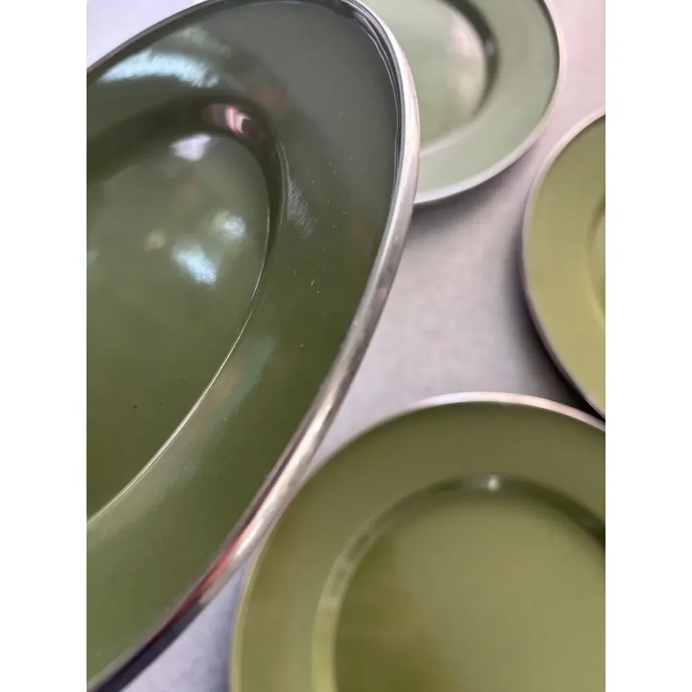 Set of 4 Crate and Barrel Enamelware Dinner Plates Sage Green